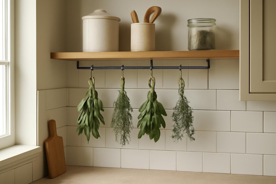 Bundles of drying herbs hanging in a small kitchen corner